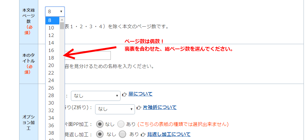 ページ数は裏表を合わせた総ページ数を選んでください