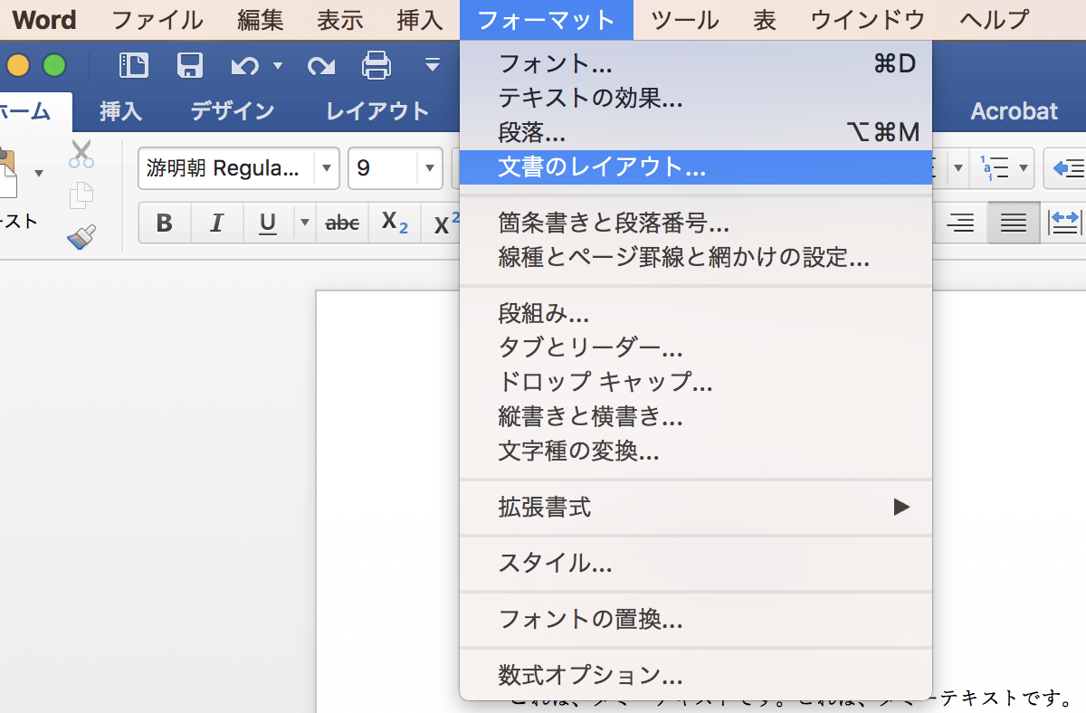 「フォーマット」をクリックしてブルダウンメニューから「文書のレイアウト」を選択