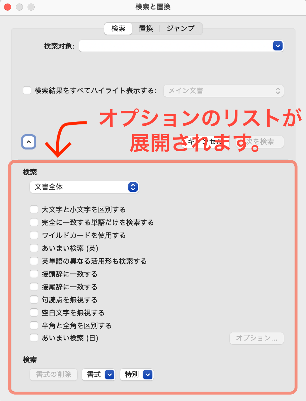 検索オプションの展開