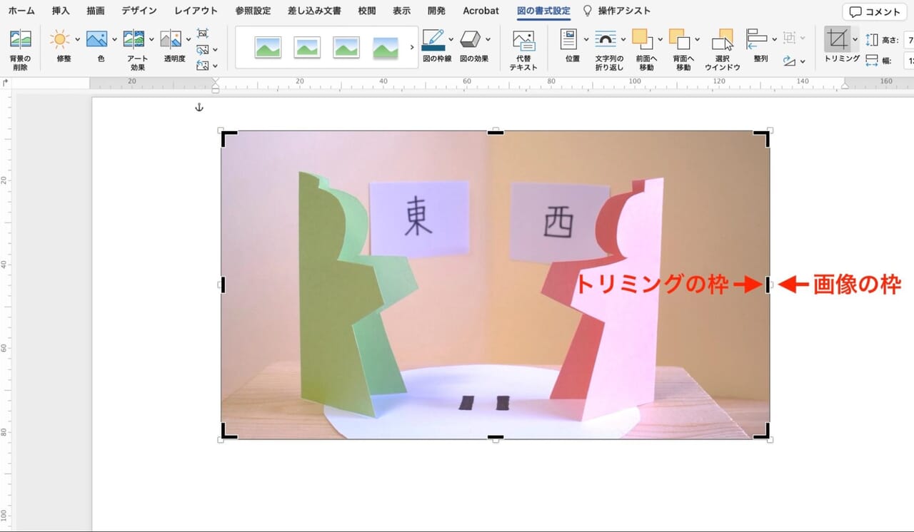 トリミングのハンドル:黒い枠 画像のハンドル:白い四角