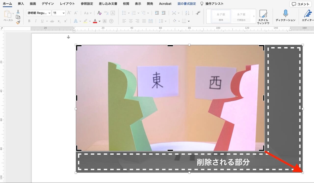 トリミングフレームの外にはみ出した部分が削除対象