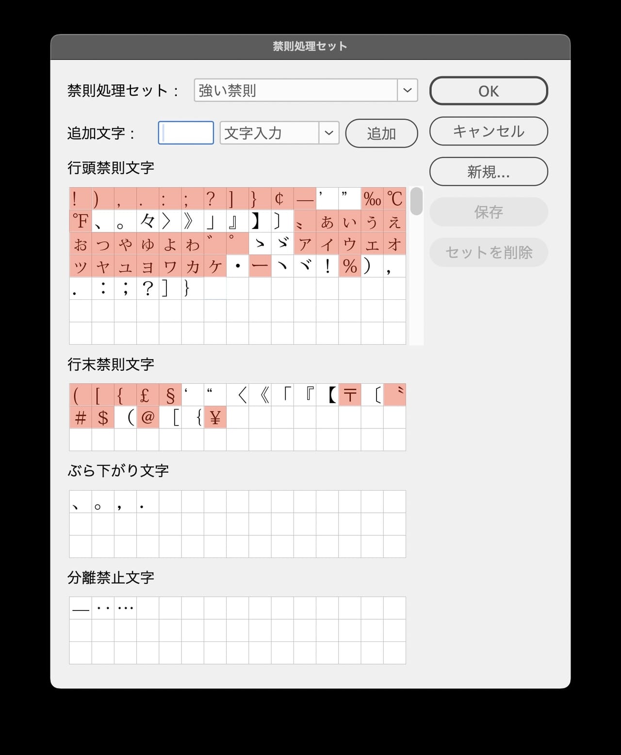 ［強い禁則］では行頭・行末の禁則文字が増えます。