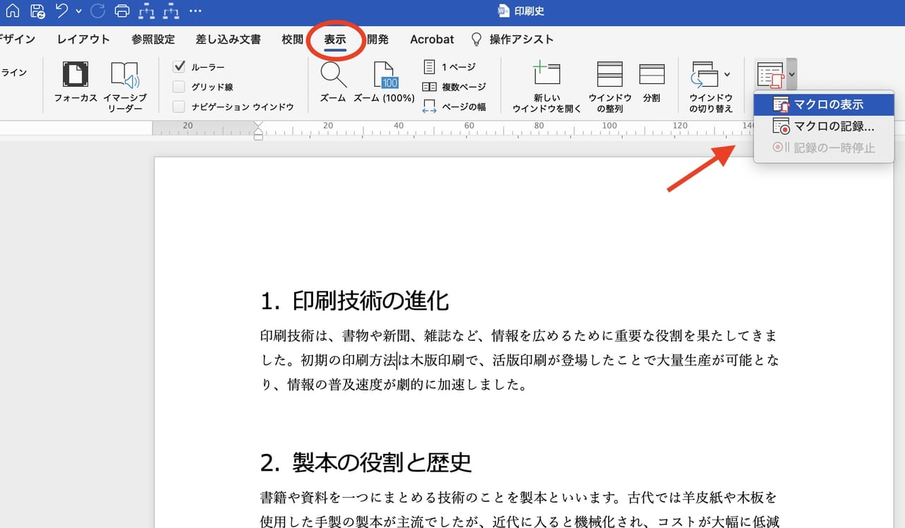 【表示】タブより［マクロの表示］をクリック