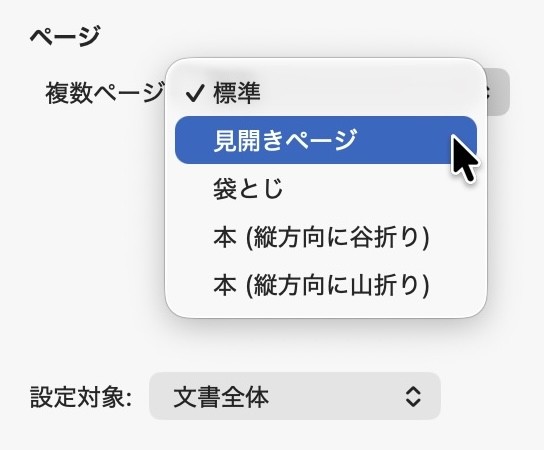 ①［ページ］を「見開き」に設定する