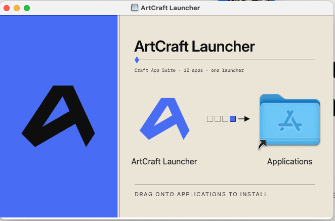 macOSでArtCraft Launcherをアプリケーションフォルダーへ移す画面